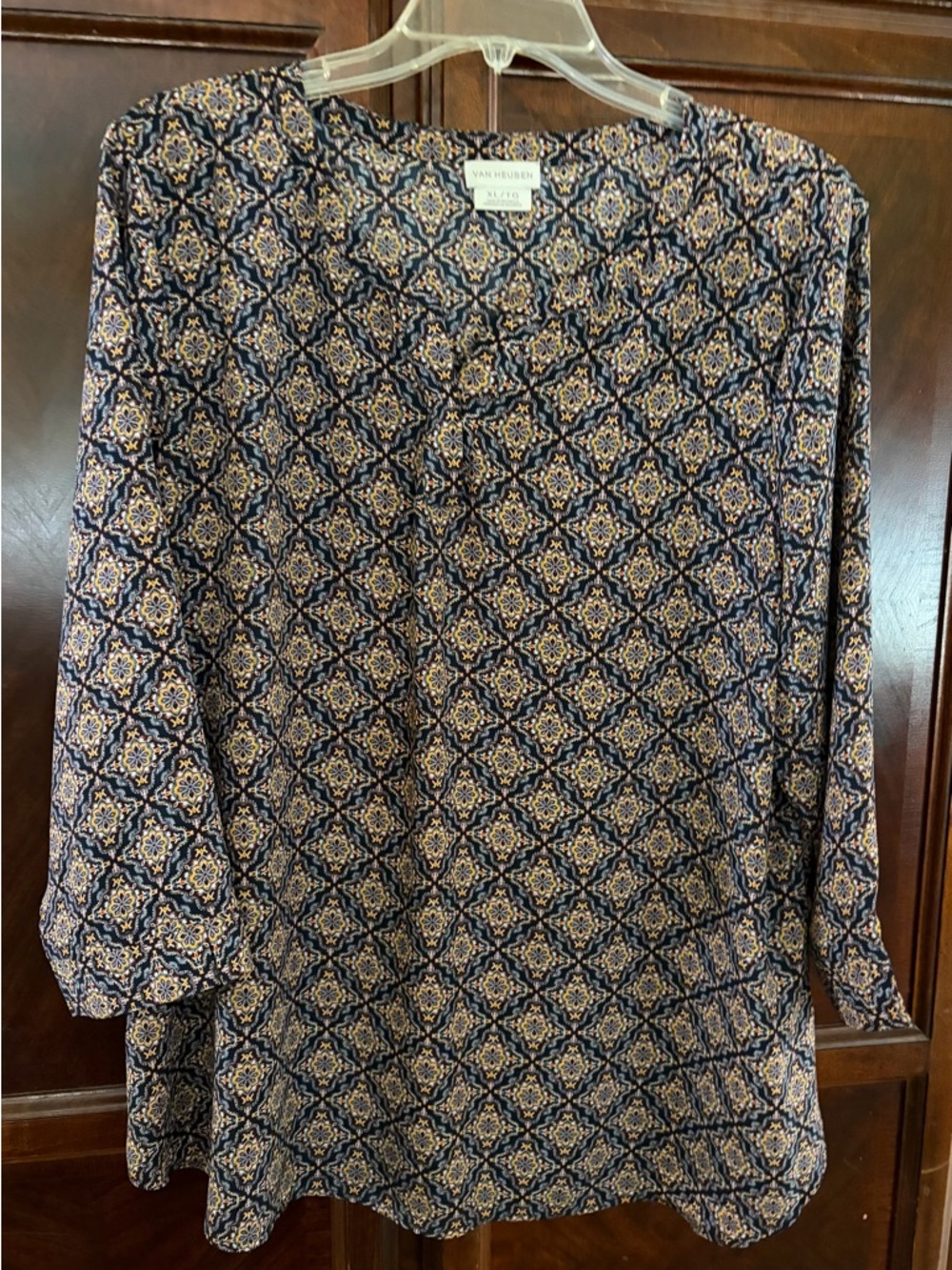 Van Heusen Navy and Tan Patterned Long-Sleeve Top